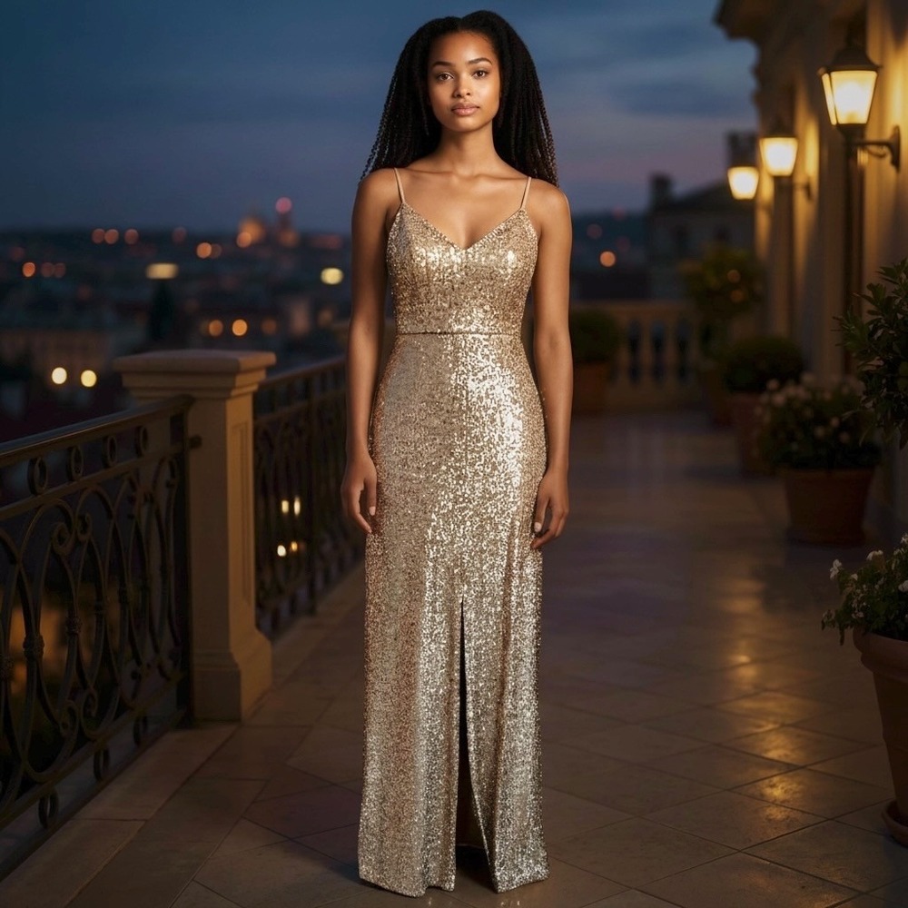 Amsale Gold Sequin Samantha‎ Prom Evening Dress Slit Size 2 Formal Glam Elegant